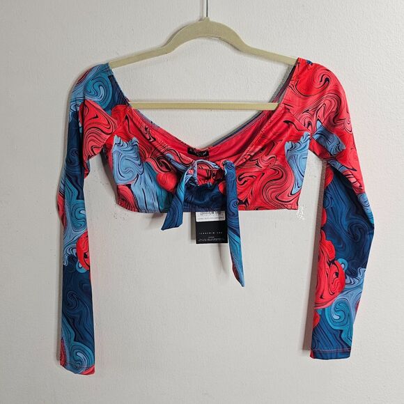 NWT Icon Swim Blue & Red Moment Like This Bikini Swirl Print Long Sleeve Top S - Picture 6 of 6